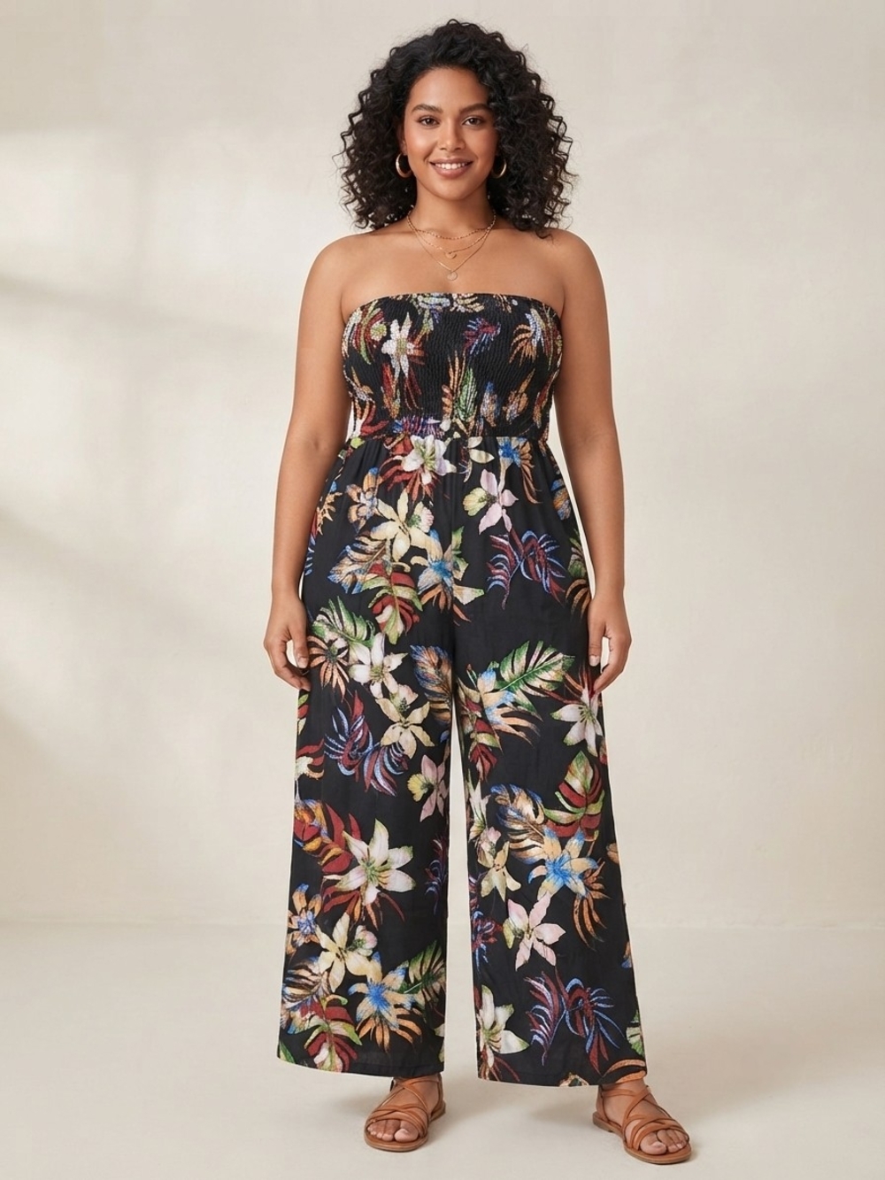 SHEIN Curve 1XL Tropical Floral Smocked Tube Jumpsuit